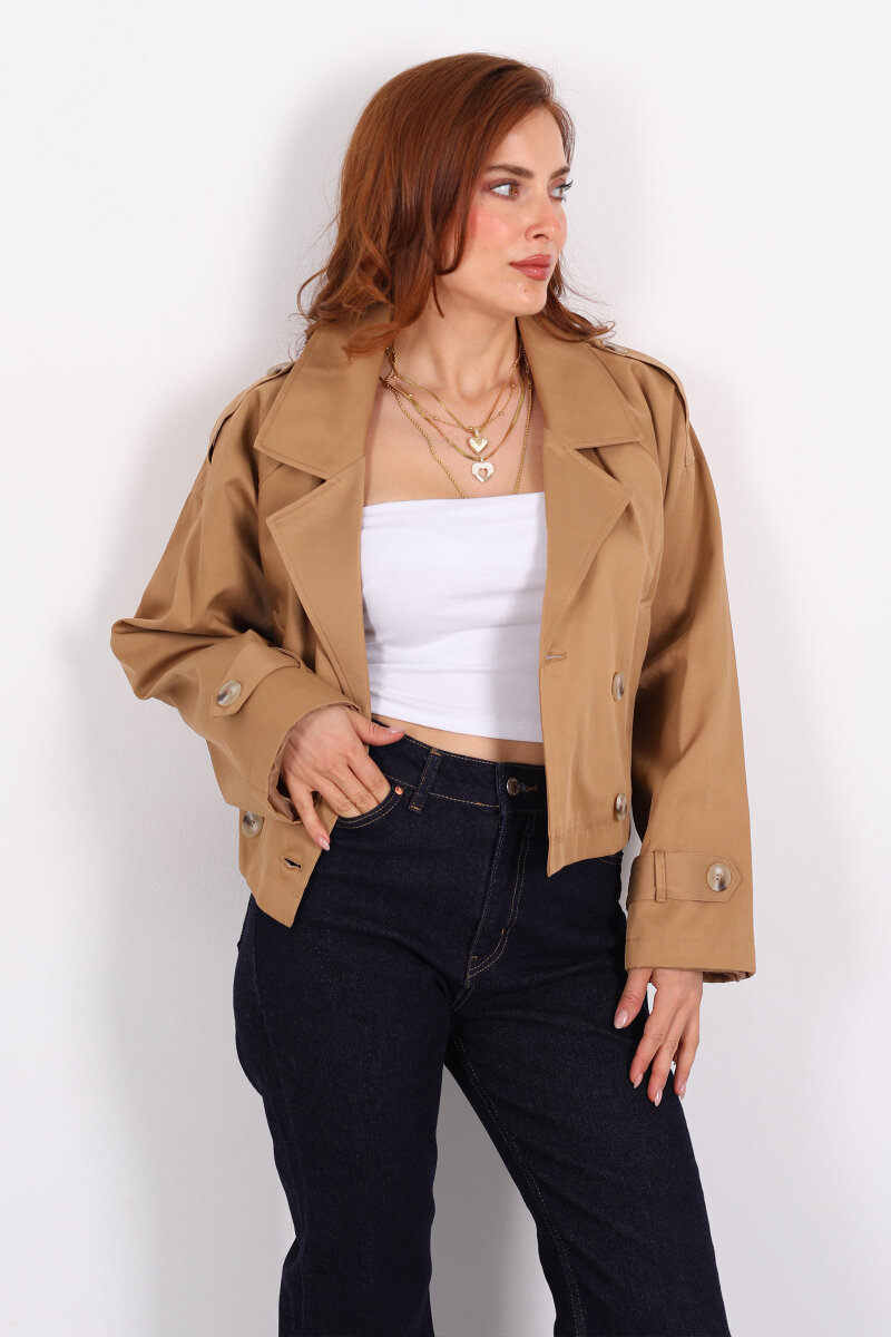Düğmeli Kısa Camel Kadın Trençkot - 1