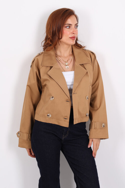 Düğmeli Kısa Camel Kadın Trençkot - 7