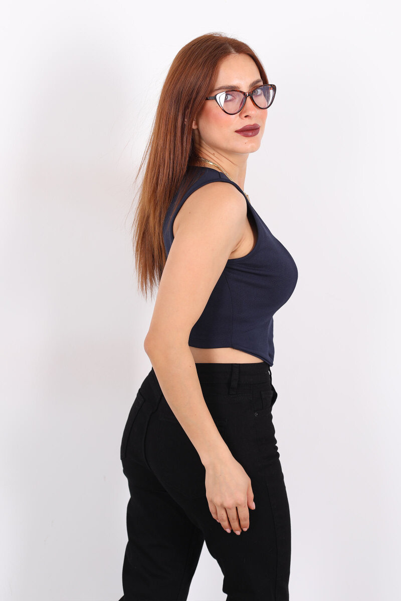 Kalp Yaka Lacivert Kadın Düğmeli Yelek - 5