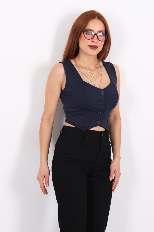 Kalp Yaka Lacivert Kadın Düğmeli Yelek - 4