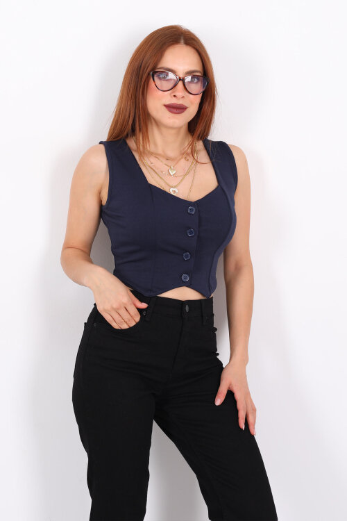 Kalp Yaka Lacivert Kadın Düğmeli Yelek - 6