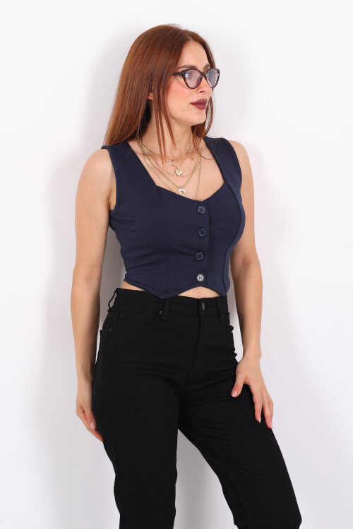 Kalp Yaka Lacivert Kadın Düğmeli Yelek - Berox