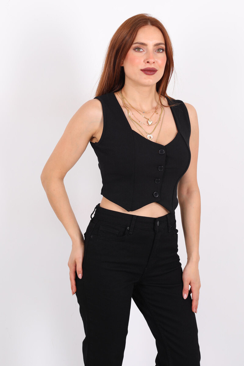 Kalp Yaka Siyah Kadın Düğmeli Yelek - 3