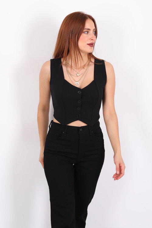 Kalp Yaka Siyah Kadın Düğmeli Yelek - 5