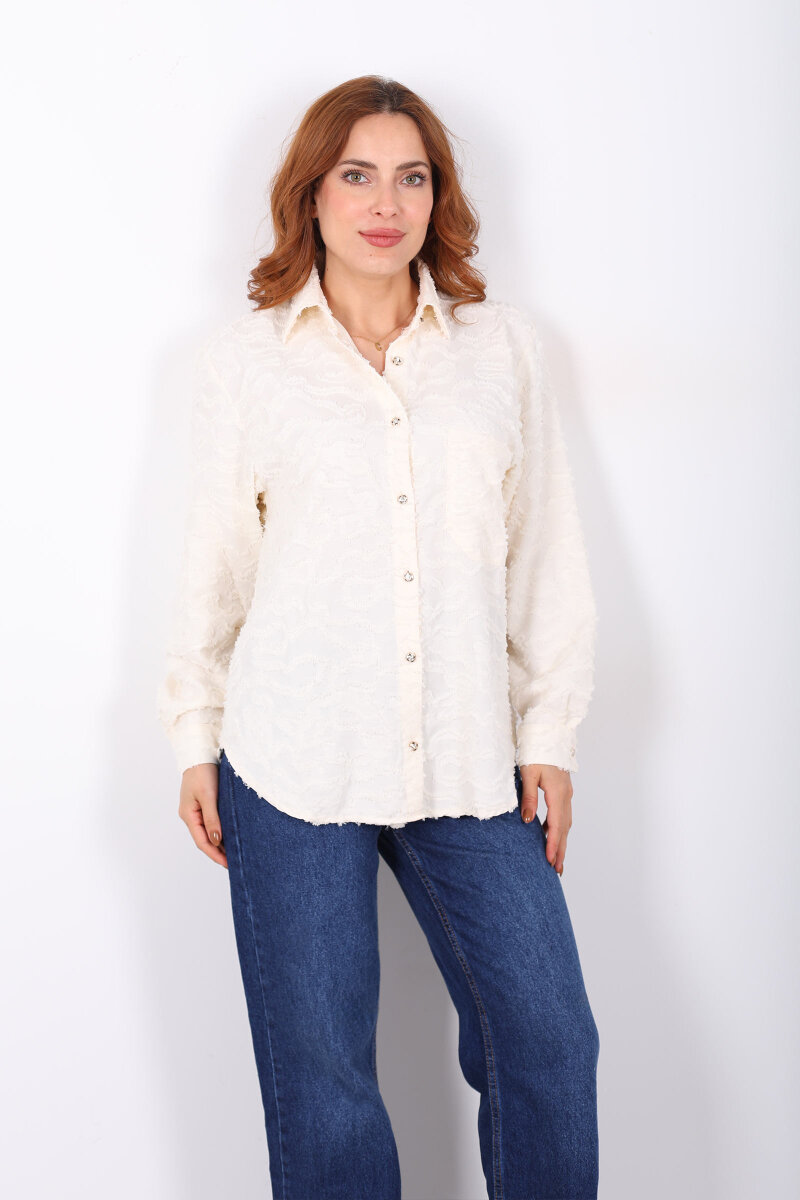 Düğmeli Krem Kadın Jakarlı Gömlek - 6