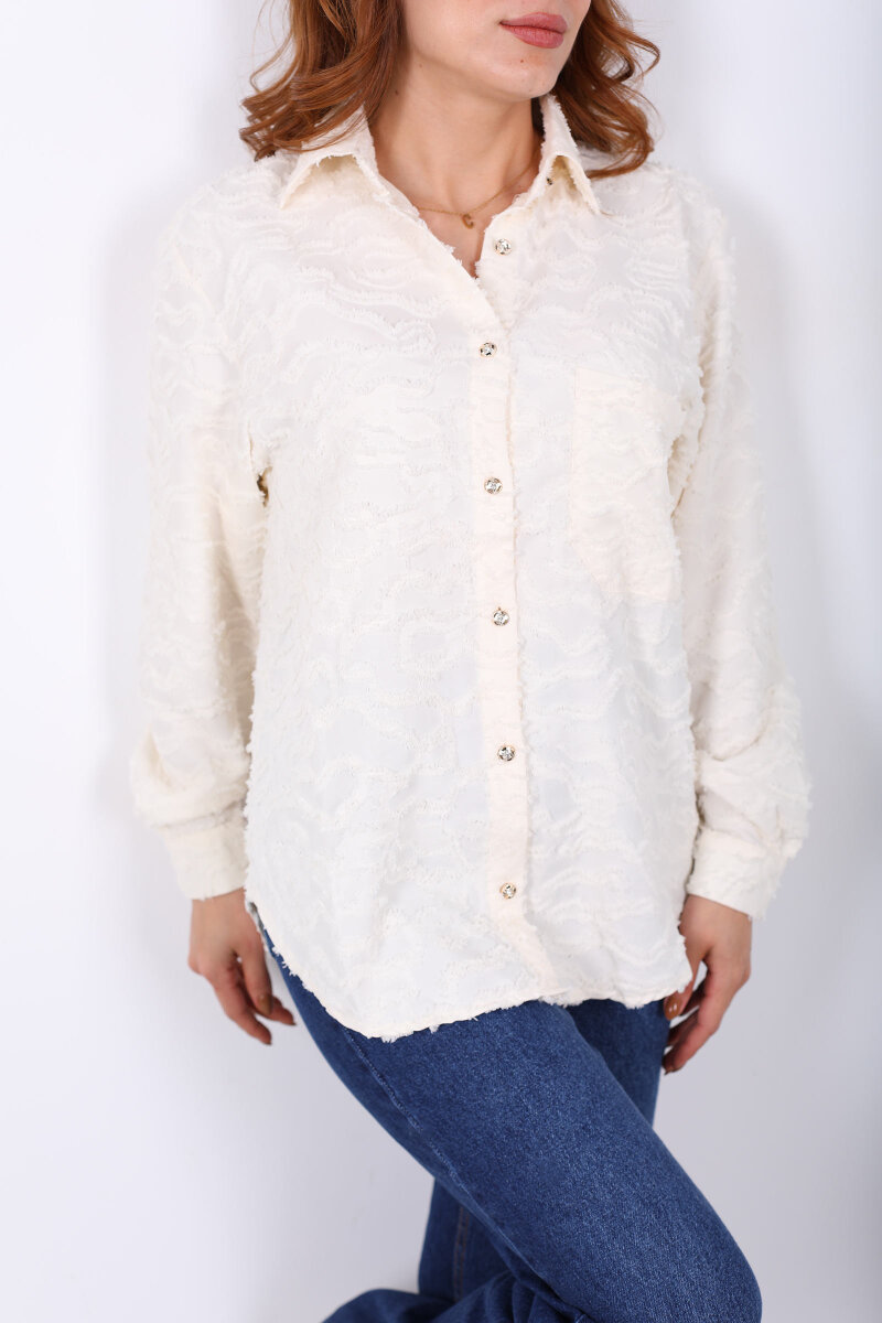 Düğmeli Krem Kadın Jakarlı Gömlek - 2