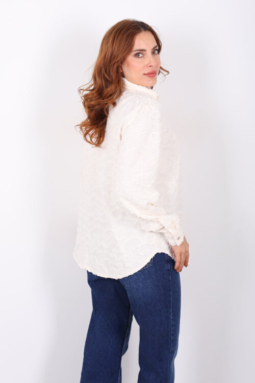 Düğmeli Krem Kadın Jakarlı Gömlek - 5