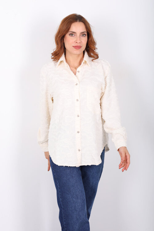 Düğmeli Krem Kadın Jakarlı Gömlek - 4
