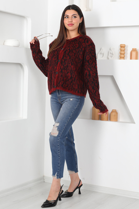 Düğmeli Leopar Bordo Kadın Yün Hırka - 1