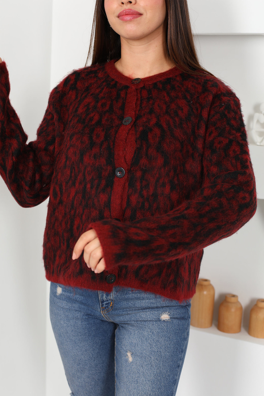 Düğmeli Leopar Bordo Kadın Yün Hırka - 4
