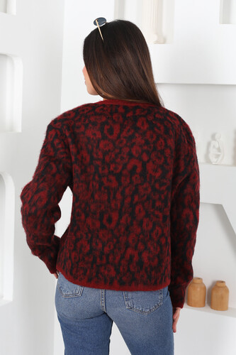 Düğmeli Leopar Bordo Kadın Yün Hırka - 5