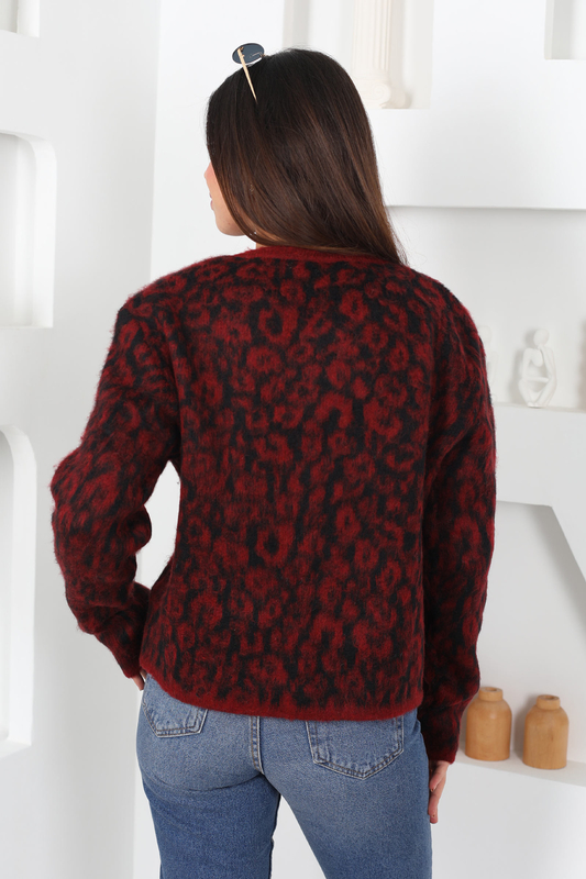 Düğmeli Leopar Bordo Kadın Yün Hırka - 5