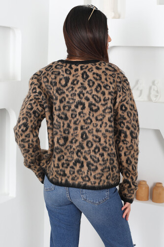 Düğmeli Leopar Vizon Kadın Yün Hırka - 5