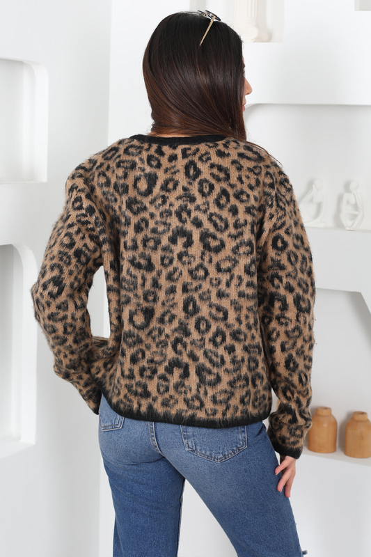Düğmeli Leopar Vizon Kadın Yün Hırka - 5