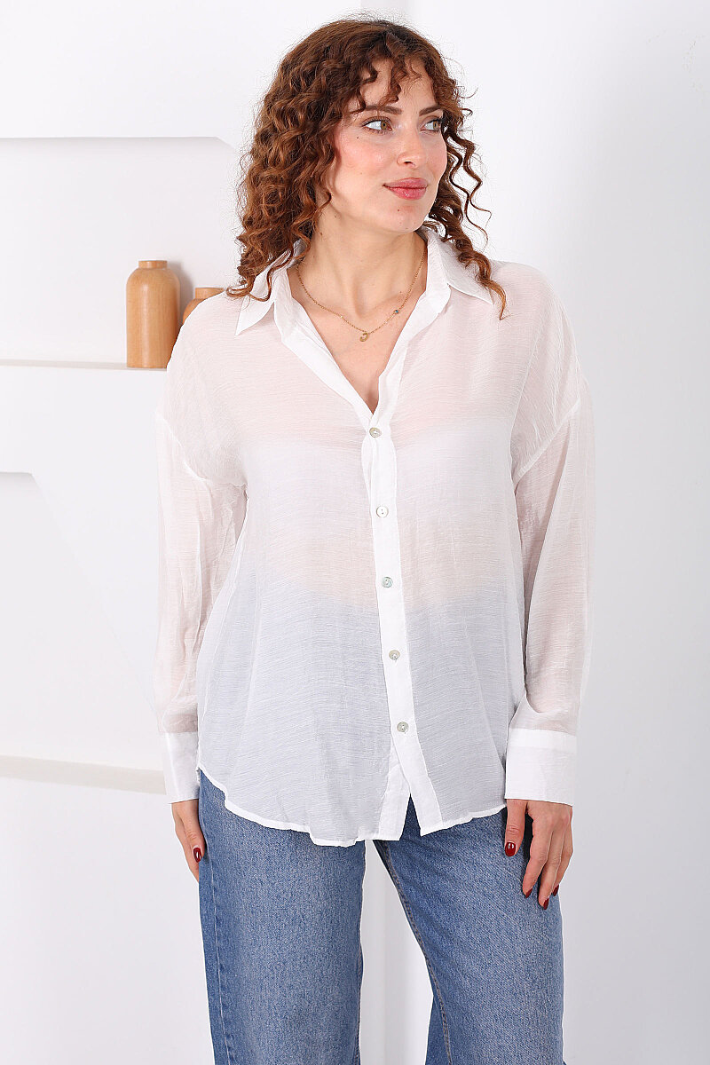 Düğmeli Oversize Transparan Kadın Beyaz Gömlek - 4