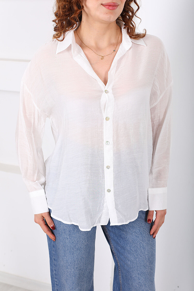 Düğmeli Oversize Transparan Kadın Beyaz Gömlek - 2