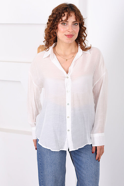 Düğmeli Oversize Transparan Kadın Beyaz Gömlek - 6