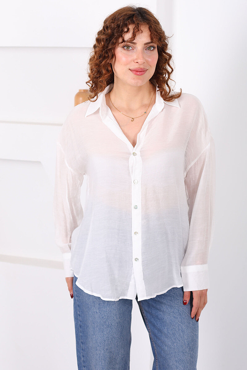 Düğmeli Oversize Transparan Kadın Beyaz Gömlek - 6