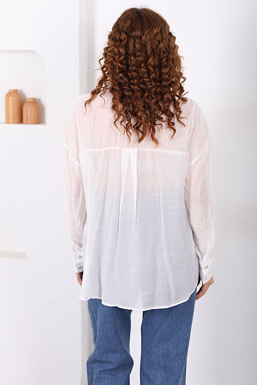 Düğmeli Oversize Transparan Kadın Beyaz Gömlek - 5