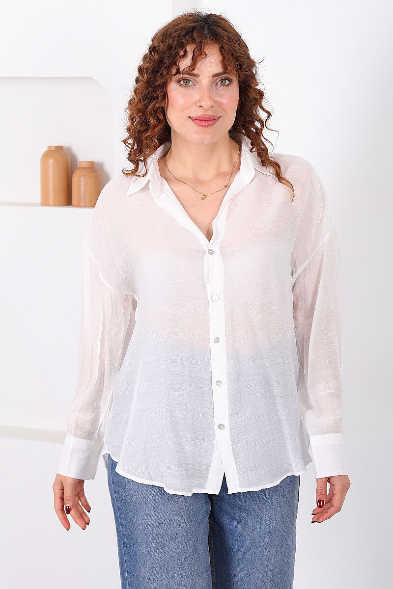 Düğmeli Oversize Transparan Kadın Beyaz Gömlek - 3