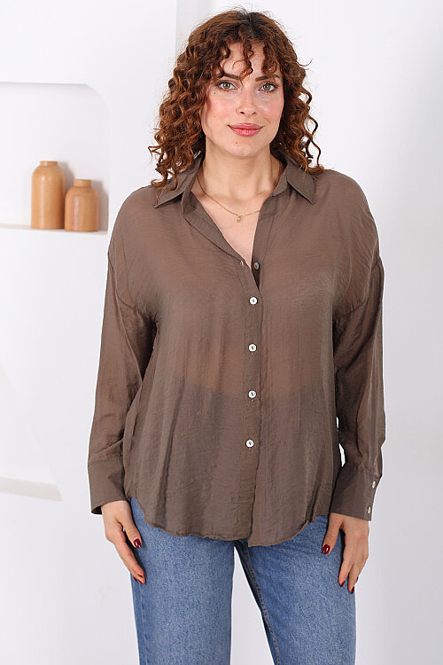Düğmeli Oversize Transparan Kadın Kahverengi Gömlek - 4