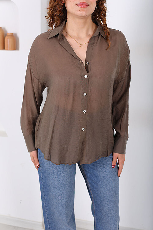Düğmeli Oversize Transparan Kadın Kahverengi Gömlek - Berox (1)