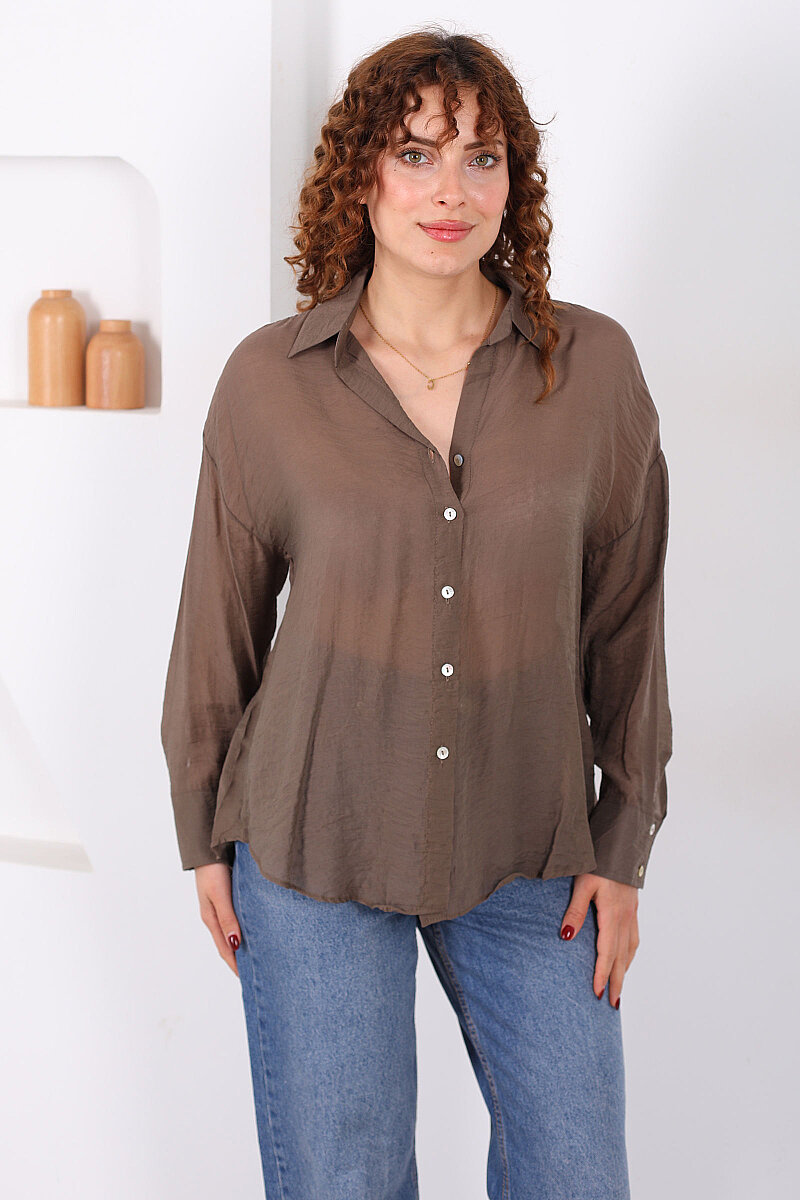 Düğmeli Oversize Transparan Kadın Kahverengi Gömlek - 6