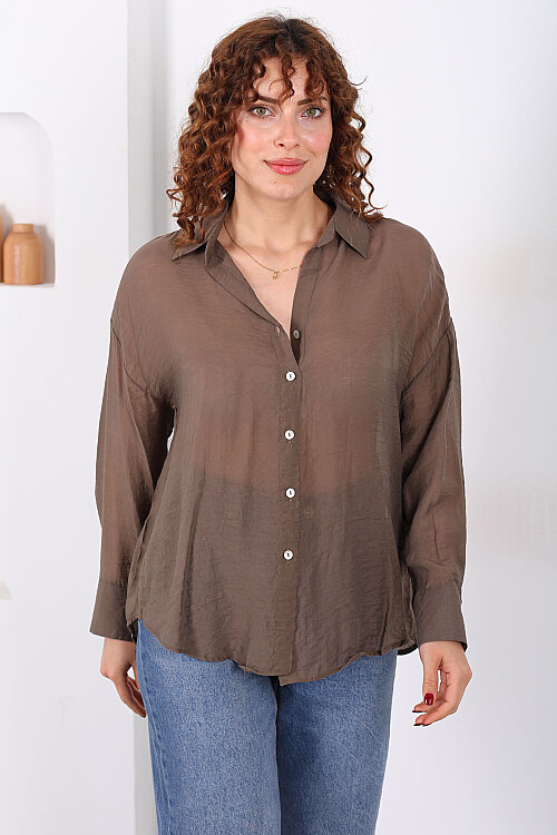 Düğmeli Oversize Transparan Kadın Kahverengi Gömlek - 3