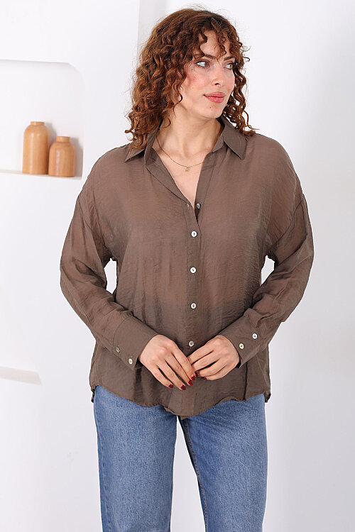 Düğmeli Oversize Transparan Kadın Kahverengi Gömlek - Berox