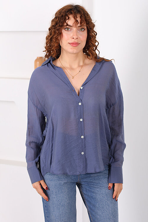 Düğmeli Oversize Transparan Kadın Marin Gömlek - 3