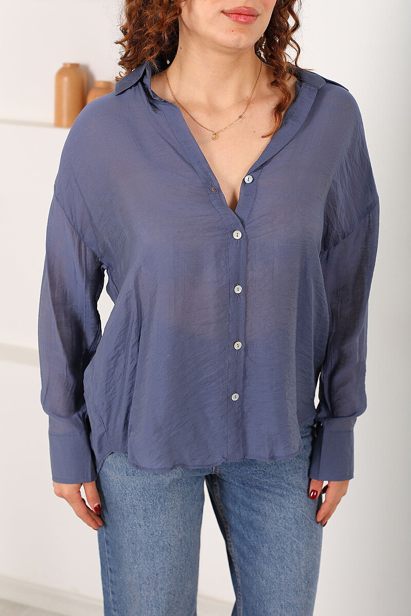 Düğmeli Oversize Transparan Kadın Marin Gömlek - 2