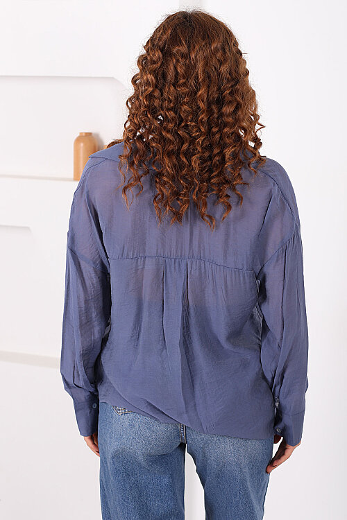 Düğmeli Oversize Transparan Kadın Marin Gömlek - 4