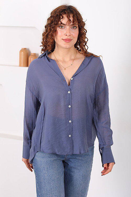 Düğmeli Oversize Transparan Kadın Marin Gömlek - 5