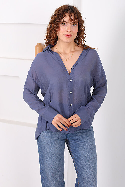 Düğmeli Oversize Transparan Kadın Marin Gömlek - Berox