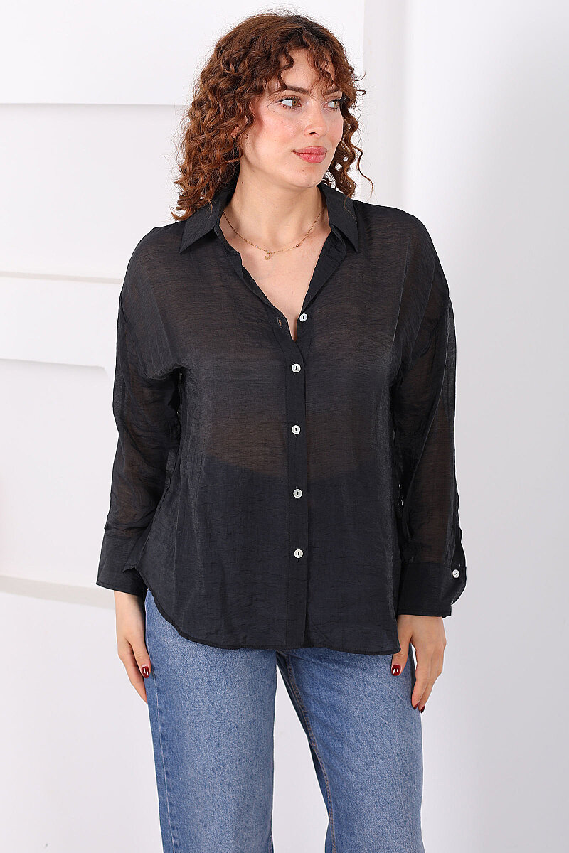 Düğmeli Oversize Transparan Kadın Siyah Gömlek - 4
