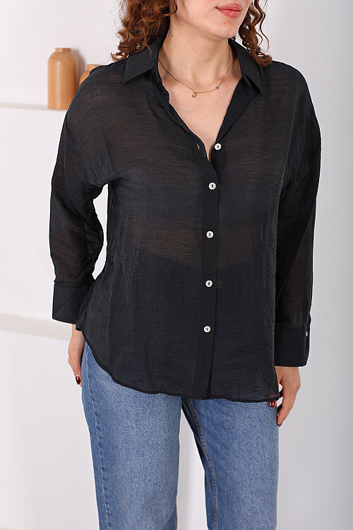 Düğmeli Oversize Transparan Kadın Siyah Gömlek - Berox (1)