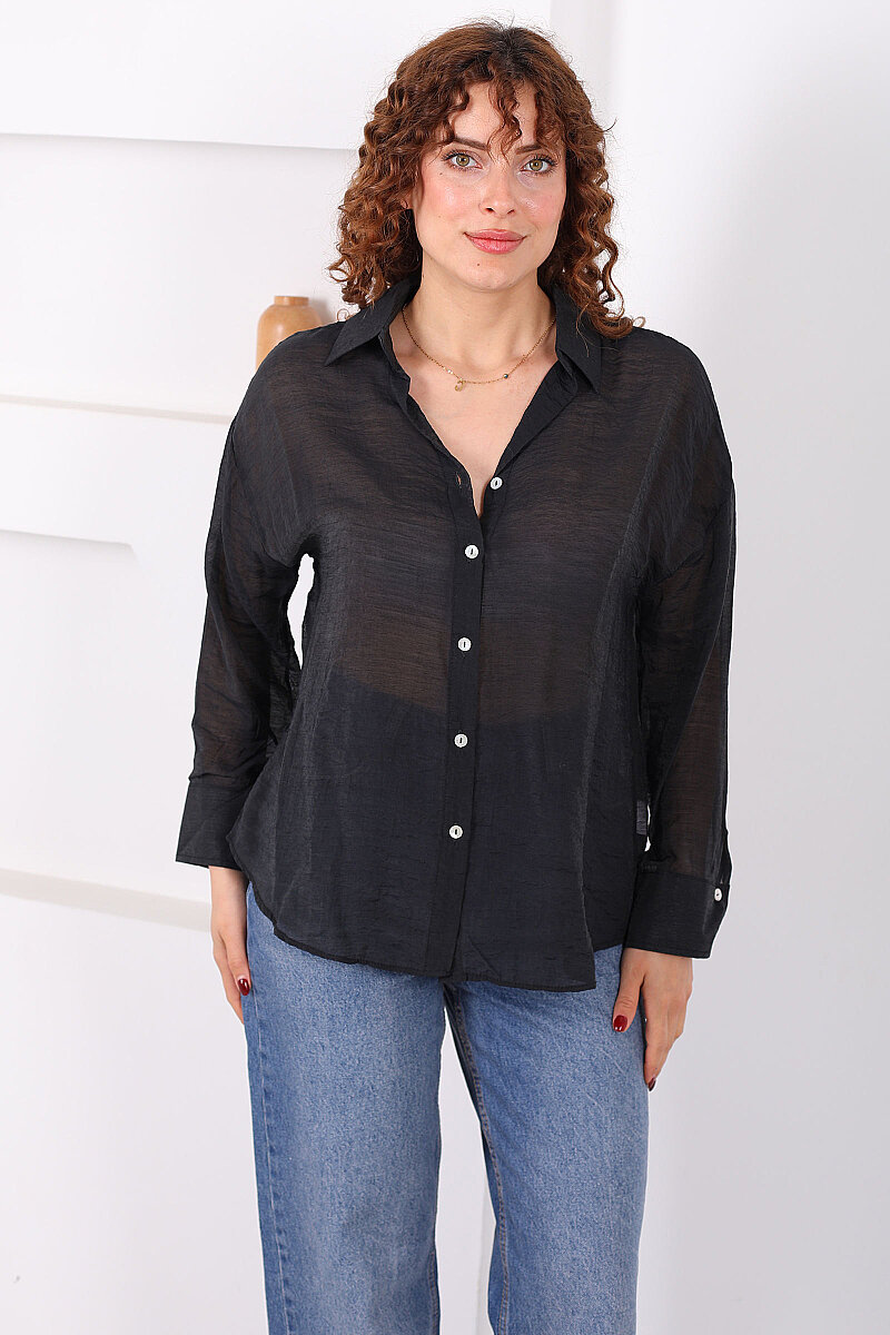 Düğmeli Oversize Transparan Kadın Siyah Gömlek - 6