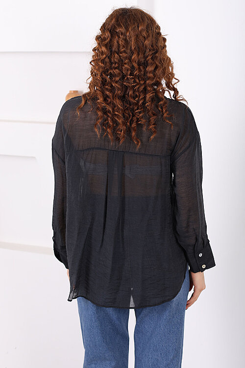 Düğmeli Oversize Transparan Kadın Siyah Gömlek - 5