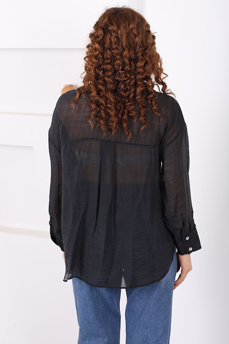 Düğmeli Oversize Transparan Kadın Siyah Gömlek - 5