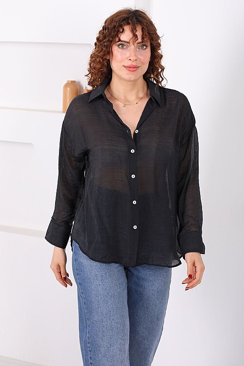 Düğmeli Oversize Transparan Kadın Siyah Gömlek - Berox