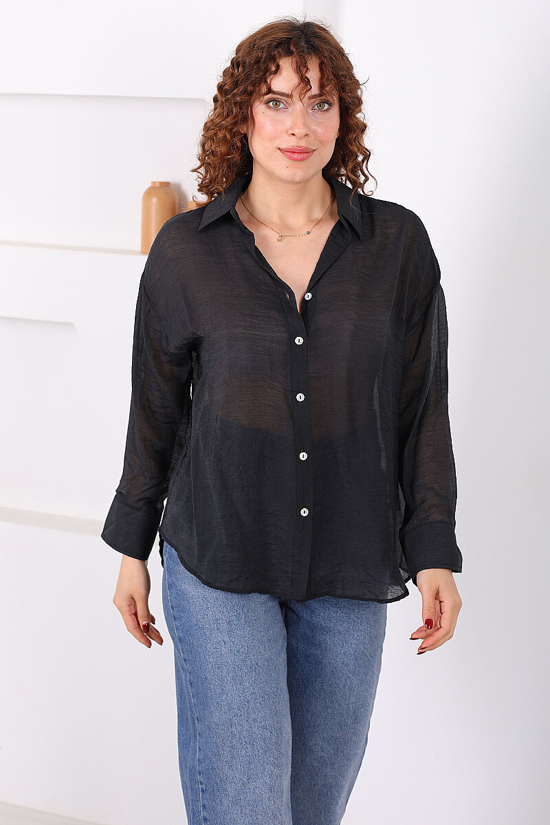 Düğmeli Oversize Transparan Kadın Siyah Gömlek - 1