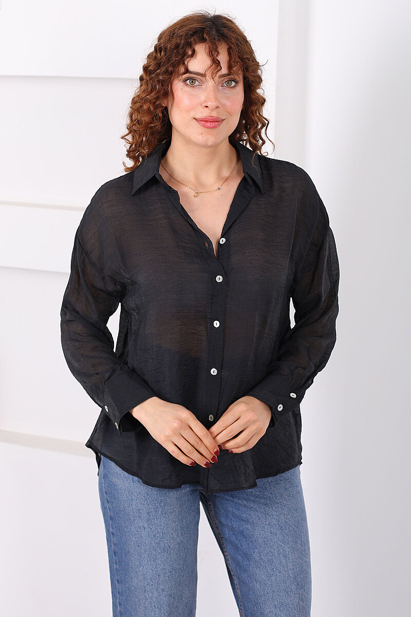 Düğmeli Oversize Transparan Kadın Siyah Gömlek - 3