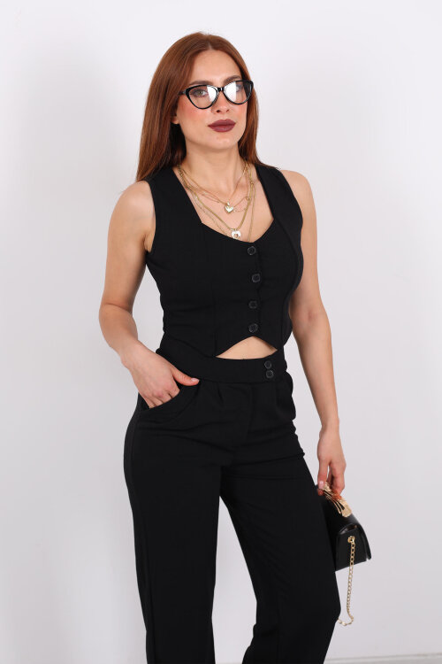 Düğmeli Pileli Siyah Kadın Yelek Pantolon Takım - 4