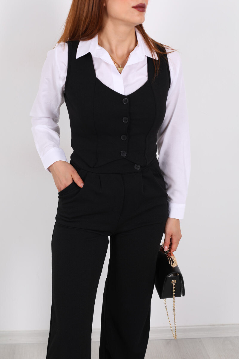 Düğmeli Pileli Siyah Kadın Yelek Pantolon Takım - 2
