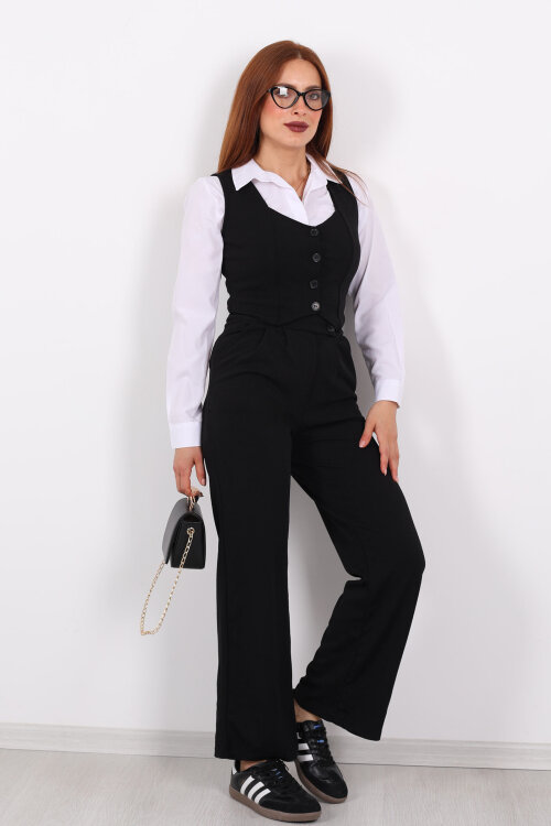 Düğmeli Pileli Siyah Kadın Yelek Pantolon Takım - 5