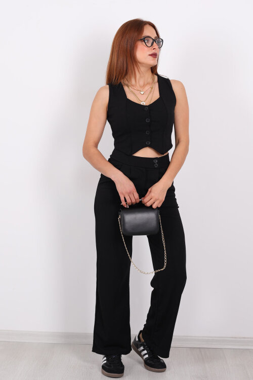 Düğmeli Pileli Siyah Kadın Yelek Pantolon Takım - 7