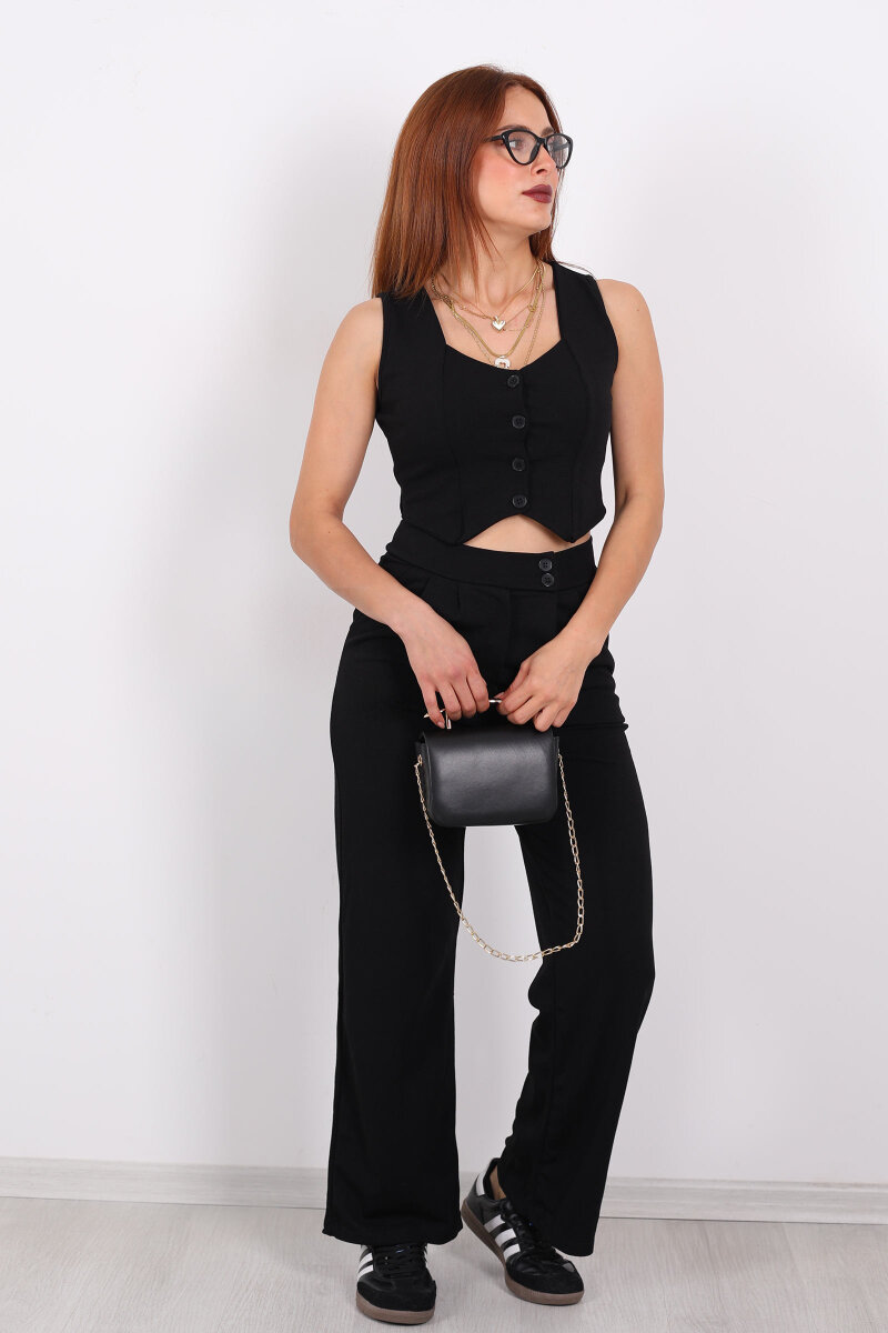 Düğmeli Pileli Siyah Kadın Yelek Pantolon Takım - 7