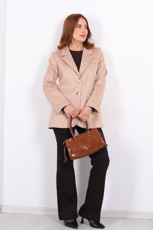 Düğmeli Süet Bej Kadın Blazer Ceket - 3