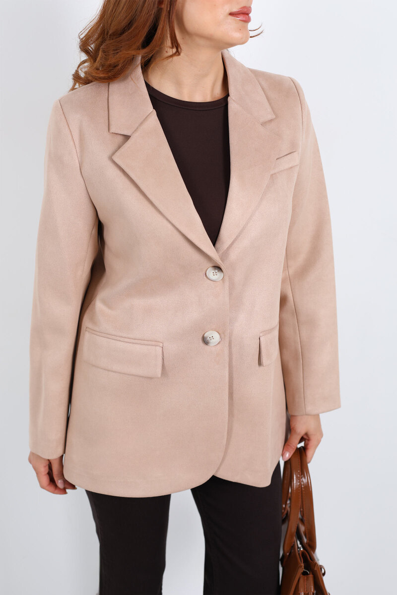 Düğmeli Süet Bej Kadın Blazer Ceket - 2