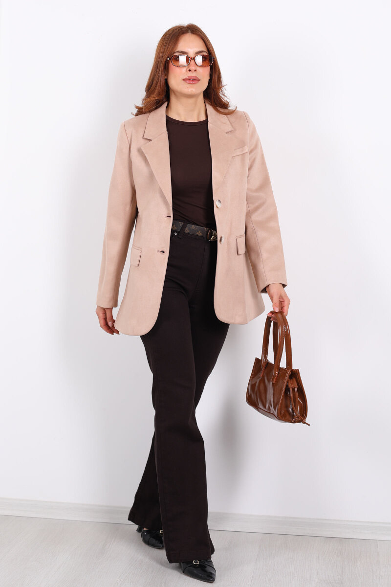 Düğmeli Süet Bej Kadın Blazer Ceket - 6